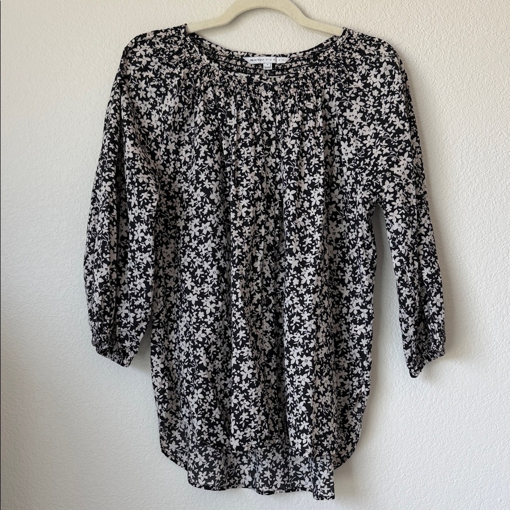 The Nines by HATCH Floral Peasant Blouse Medium Black White Boho Top